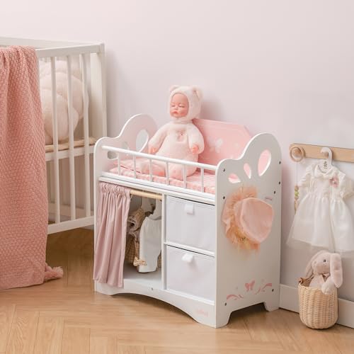 ROBUD Baby Doll Crib, Wooden Doll Bed with Storage and Bedding, of Toy Baby Crib to Kids, Pink Baby Doll Beds Suit for Dolls Under 22 Inches