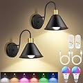 Frideko Rechargeable Battery Operated Wall Sconces Set of Two with Remote, RGB 15 Colors Dimmable Black Wall Light, Indoor Battery Powered Wireless Sconce with Timer for Living Room Bedroom