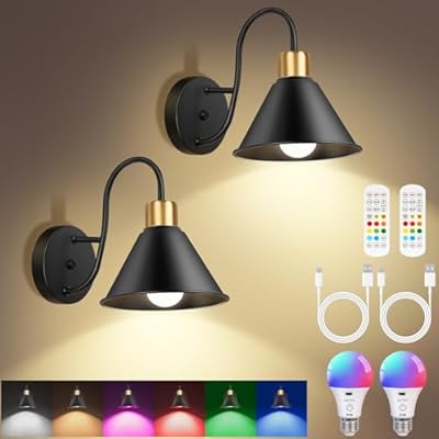 Frideko Rechargeable Battery Operated Wall Sconces Set of Two with Remote, RGB 15 Colors Dimmable Black Wall Light, Indoor Battery Powered Wireless Sconce with Timer for Living Room Bedroom