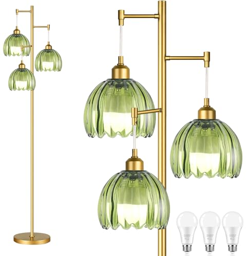 ZECOXOL Gold Floor Lamps for Living Room Bedroom-3 Light Green Glass Floor Lamp with Three...