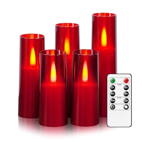 JINYANIA Flameless LED Candles, Upgraded Realistic Flickering Flame Battery Operated Candles with Remote Timer, Acrylic Electric Set of 5 for Romantic Ambiance and Home Decoration（Red）