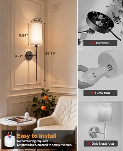 Image of Battery Operated Wall Sconce Set of 2, 13000mAh Rechargeable Battery Powered Sconces with Remote Dimmable Fabric Shade Wireless Sconces Fixture for Bedroom Living Room