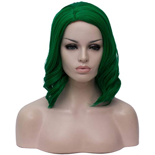 Beauwig Short Bob Natural Pastel Wavy Wig Women's 12.5" Synthetic Cosplay Wigs Charming Curly Wig for Girl Colorful Costume Halloween Party Include Wig Cap (Green)