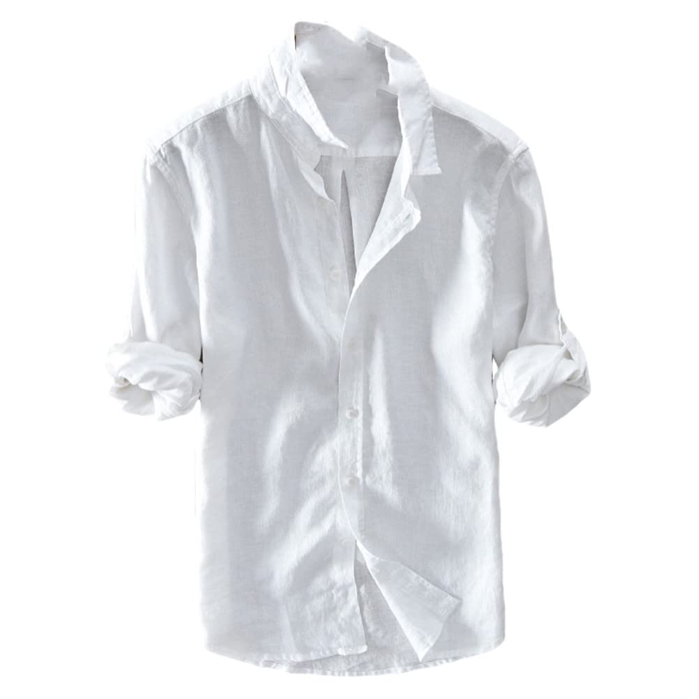 Vsadsau Camisa vintage de manga larga 100 % lino para hombre, estilo casual, L610 Blanco, 3XL