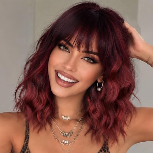 Nnzes Wigs for Women Red 16 Inch Synthetic Short Curly Wig with Bangs