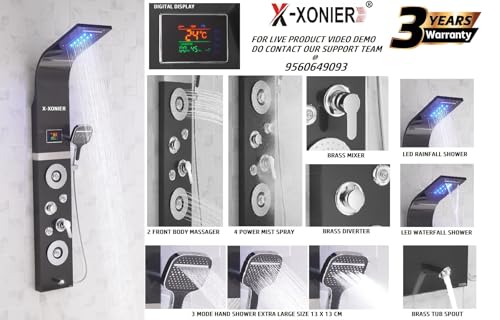Image of X-XONIER Stainless Steel 304 Grade Shower Panel 7in1+ Extra Large 3Ways Hand Shower Tower System With LED Rainfall Waterfall 2Body Massage 4 Mist Spray Temperature Display Shower Panel.(Black)