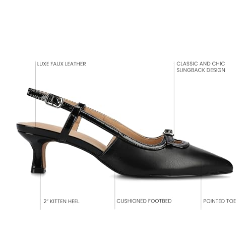 Journee Collection Womens Padma Mesh Sling Back Pumps Cushioned Pointed Toe Kitten Heel Pull On Spring Summer Shoe Black PU 8 Wide WOMENS US3