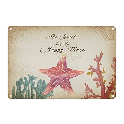 Nautical Vintage Ocean Starfish Metal Tin Sign Wall Plaque Seaside Whale Vintage Home Decorative Signs The Beach Is Calling Aluminum Art Signs For Living Room Kitchen Front Porch 12X18In #TOP21