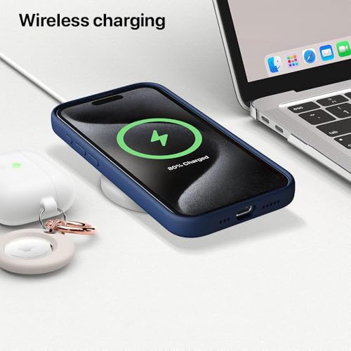 Image of eller sante Silicone Back Cover Case for iPhone 15 Pro Shockproof Scratch Resistant Slim Fit Protective Design Military-Grade Protection Support Mag-Safe Wireless Magnetic Charging- Navy Blue