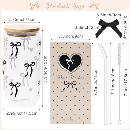 Coquette Black Bow Aesthetic Cup With Gift Box 16oz Glass Cup with Lids Straws and Black Bow Iced Coffee Smoothie Cute Tumbler with Cleaning Brush for Girls Bestfriend Sister Girlfriend, Preppy Stuff — view 2