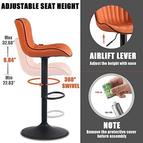 Image of Bar Stools Set of 6 Modern Kitchen Counter Chairs Swivel Barstools Orange | Faux leather upholstered island chairs with high backs & metal base. Adjustable Height, easy to clean & load 300 lbs