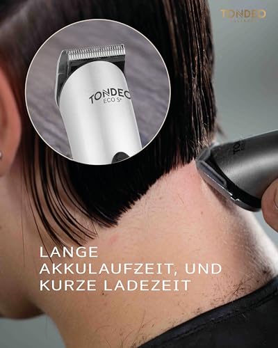 TONDEO Haarschneidemaschine ECO S PLUS SILVER | Profi Haarschneider inklusive Ladestation und Aufsteckkamm für 4 verschiedene Schnittlängen
