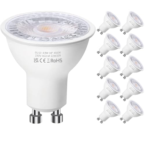 Levidon GU10 LED Bulbs, Cool White 6500K, 4.9W LED GU10 Spotlight Bulb, 50W Halogen Bulb Equivalent, 362LM 220-240V 38 Degree Narrow Beam Angle Non-dimmable - Pack of 10