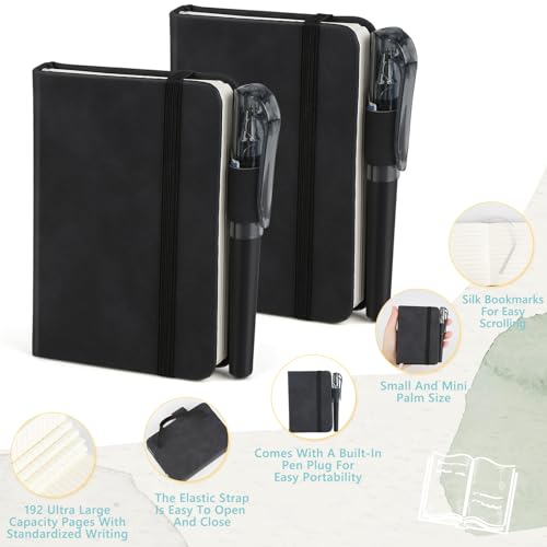 HOCUCHELAND 2 Pack Small Notebook, Small Notebooks Pocket Size with Pen, Leather A7 Notebook with Elastic Closure Band Bookmark, Portable Mini Notepads for Travel Business Work Meetings - Image 3