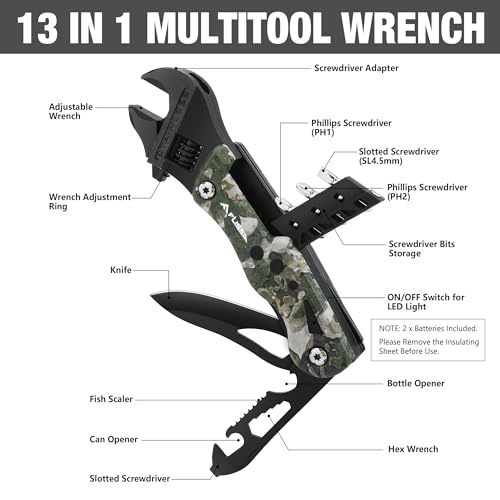 FLISSA 13-in-1 Multi Tool Wrench, Stainless Steel Camo Multitool Adjustable Wrench with LED Light, EDC Pocket Knife with Sheath, Multipurpose Multi Use Tool Wrench - Thumbnail 3