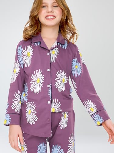 Image of ZEYO Night Suit for Girl's Floral Printed Cotton Night Dress of Shirt and Pajama Set 5538