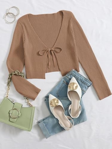 Image of Floerns Women's Tie Front Long Sleeve Rib Knit Shrug Sweaters Cardigan Crop Top