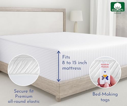 California Design Den Twin XL Fitted Sheets 2 Pack Only - Soft 400 Thread Count Sateen, Natural 100% Cotton Fitted Bed Sheets with No-Pop Off Elastic, Cool and Durable - Striped White