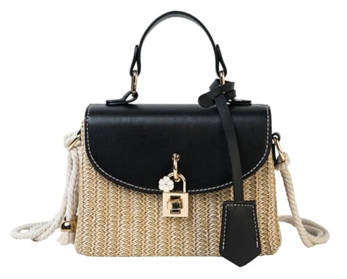 Bagkeak Women's Black Straw Square Beach Handbag - Summer Woven