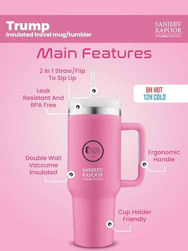 Image of Sanjeev Kapoor by Classic Essentials Stanley Stainless Steel 1200ML Tumbler with Lid and Straw, Hot and Cold Double Insulated Sipper Mug, 100% Leak Proof Coffee Tumbler Cupholder for Office (Pink)