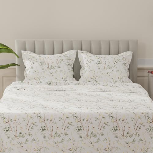 Image of Layers 100% Cotton Bedsheet for King Size Bed | Lumina Floret Collection | 144 TC Soft & Breathable | Printed with 2 Pillow Covers | Wrinkle Free & Colorfast | 3 Piece Bedding Set - Green & White