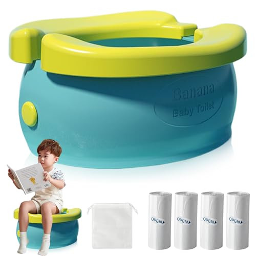 Orinal para niños, portátil, con bolsa de viaje y 100 bolsas de basura, ergonómico para bebés, orinal de viaje plegable, inodoro móvil para niños y niñas (azul)