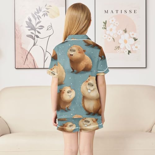 Satin Pajama Sets Short Sleeve Happy Capybara Pattern Print Button Down Silky Nightwear 2 Piece PJS 5-14Y4