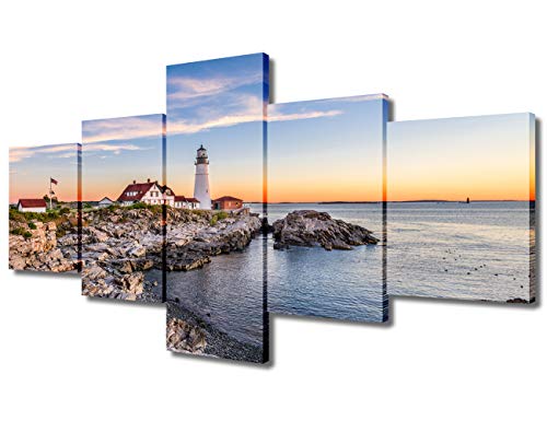 5 Piece Canvas Wall Art America Northeast Cityscape Paintings Home Decor Portland Maine Skyline Prints on Canvas Modern Artwork Picture for Living Room Framed Stretched Ready to Hang(50" Wx24 H)
