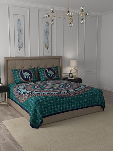 Image of JaipurFabric Cotton 180 TC Sanganeri Print Double Bedsheet with 2 Pillow Covers (90 inch X 108 inch), Green