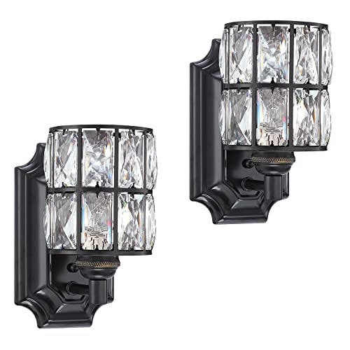 2 Pack 1 Light Crystal Wall Sconce Lighting with Black Finish,Modern and Concise Style Wall Light Fixture Polyhedral Crystal Shade for Bathroom, Bedroom Living Room Kitchen Island