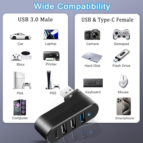 4-Port USB 3.0 Hub [90&deg;/180&deg; Rotatable],USB Splitter with 1 USB 3.0 Port,2 USB 2.0 Ports,and 1 USB C Data Port, USB Extender Compatible with Laptops,Cars,Surface go,MacBook Air/Pro,and Other Devices