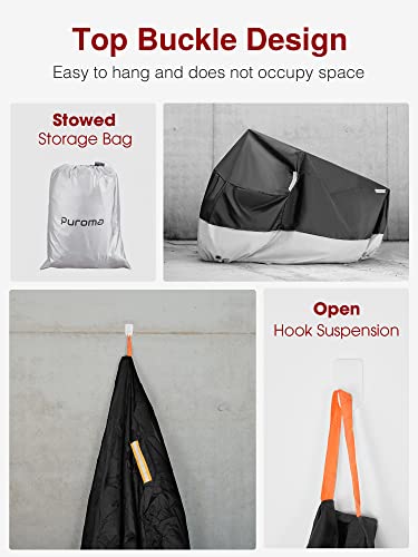 Image of Puroma Motorcycle Cover, XX-Large Waterproof Motorbike Cover Outdoor Indoor Scooter Shelter Protection with 4 Reflective Strips for Harley Davidson, Honda, Suzuki, Kawasaki, Yamaha (Black & Silver)
