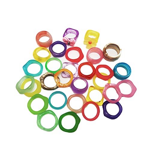 Bearjia 21/30Pcs Resin Rings, Colorful Cute Acrylic Rings For Women Teen Girls, Chunky Aesthetic Trendy Stackable Plastic Rings Set,Thick Rings, Size 6 7 8 9 (B-30Pcs,Resin Rings) #TOP14
