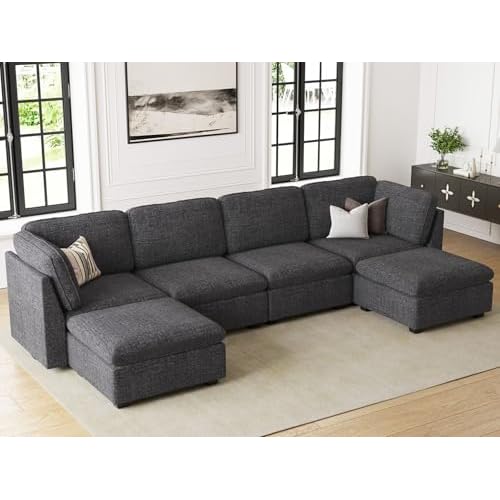 Belffin Large Modular Sectional Sofa Chenille 6 Seats U Shaped Cloud Couch with Storage Large Sectional Couches for Living Room Dark Grey 6 seat U Sha