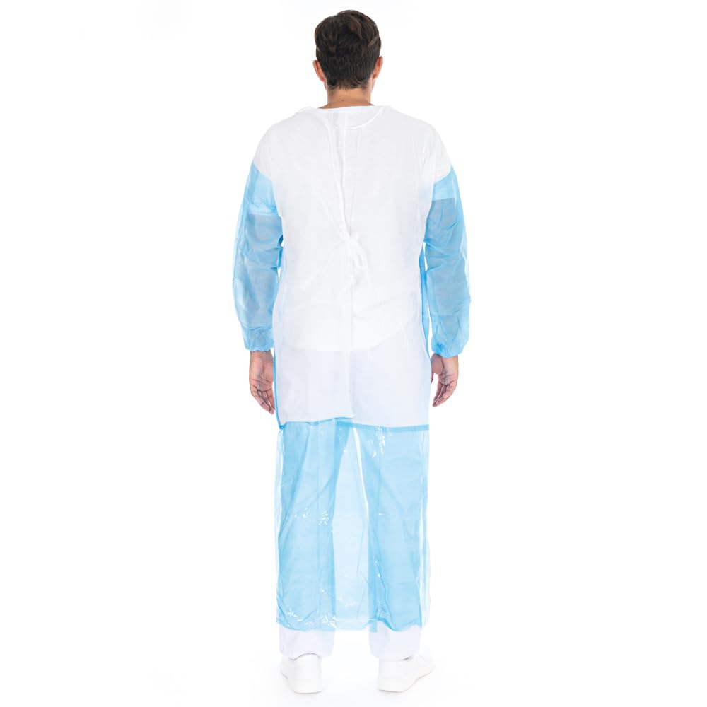 FRANZ MENSCH 100 Stück Hygostar Kittel Duo mit Perforation | PP/PE, weiß-blau, XL, L: 156cm, Umfang: 142cm, mit Perforation, Karton, Einwegkittel, Schutzkittel, Medizinischkittel