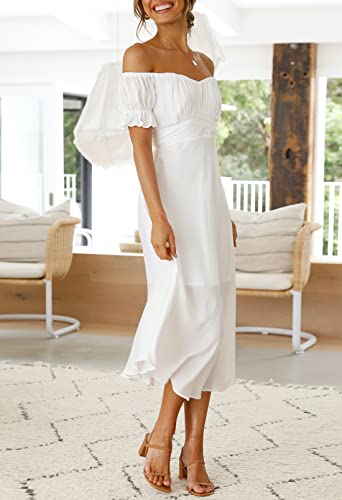 Fixmatti Women Dresses Puff Short Sleeve Off Shoulder Party Dress With Sweetheart Neck Tie Knot Back White M #TOP4