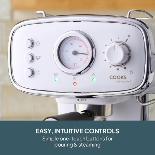 Cooks Professional 15-Bar Retro Espresso Coffee Machine with Frothing Steam Wand, Built-In Temperature Gauge, 1.2L Water Tank & Stainless Steel Drip Tray | White & Silver - Image 4