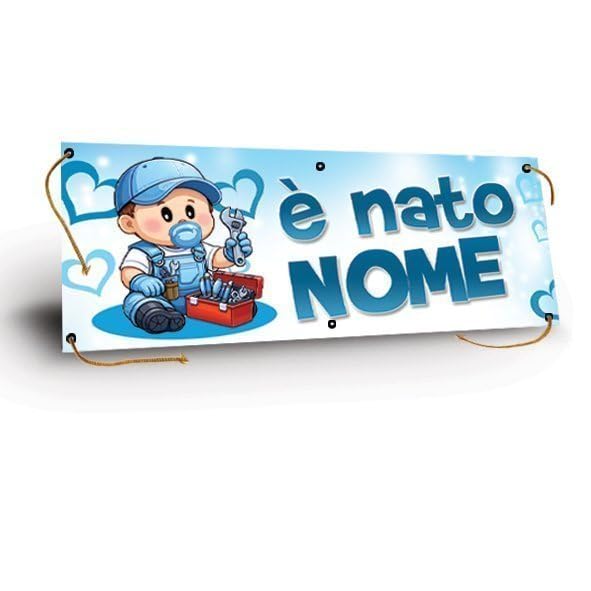 M-Italy STRISCIONE FONDALE NASCITA - BAMBINO MECCANICO - STRISCIONE PERSONALIZZATO IN CARTA O IN BANNER PVC ANCHE DA ESTERNO GARANZIA 5 ANNI (Banner, 100x300 cm)