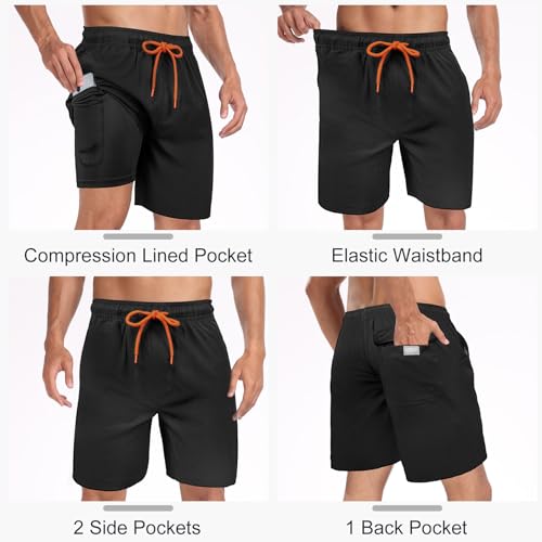 Image of Mens Swim Trunks with Compression Liner 2 in 1 Quick Dry Swimming Shorts Swimwear Bathing Suits with Pockets