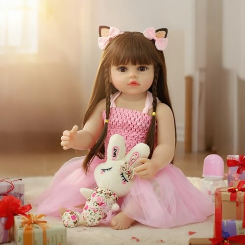 Reborn Baby Dolls 22 Inch Realistic Baby Girl Doll with Hair Silicone Full Vinyl Body Anatomically Correct Newborn Doll Real Life Like Muñecas Reales para Niñas Toddler Clothes Gift Set for Kid Age3+