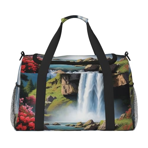 Waterfall and Flower Print Travel Duffel Bag for Men & Women, Foldable Travel Bags and Spacious Weekender Tote Bag for Storage Toiletry Luggage Personal Item