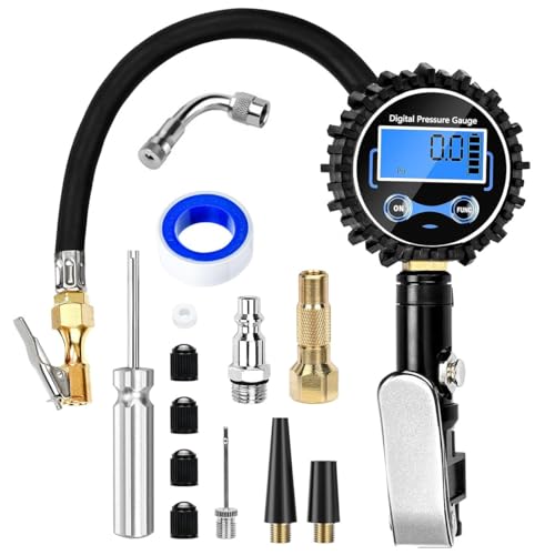 Digital Tire Pressure Gauge Inflator Deflator 200PSI Air Compressor Kit LCD Air Chuck Heavy Duty Rubber Hose Quick Connect Coupler Leak-Proof Valve with Emergency LED Light For Car Bike Ball Truck