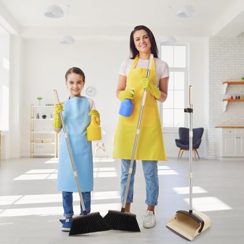 Image of Vertical Broom and Dustpan Set Cleaning Broom with Short Shaving Teeth Household Soft Hair Non-Stick Hair, Sweeping Broom Upright Cleaning Tool for Indoor and Outdoor Floor Cleaning