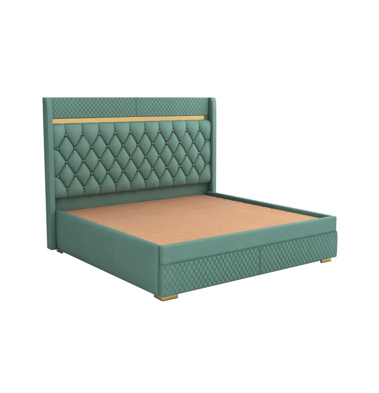 Image of MAMTA DECORATION Solid Wood King Size Bed with Hydraulic Box Storage | Premium Velvet Upholstered Tufted Headboard Double Bed | Wooden Cot Bed for Bedroom, Home, Hotel & Guest Room | Greendust Finish