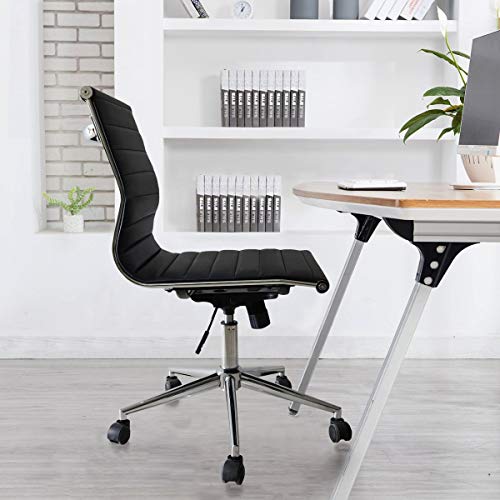 2Xhome - Mid Back Height Modern Office Chair, Armless Ribbed Pu Leather Seat With Swivel Tilt Adjustable Chrome Base - Executive Conference Room Task Chair (Black) #TOP5