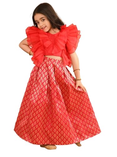 Image of Lilpicks Ruffle Sleeveless Blouse with Brocade Flared Lehenga Set for Girls (Pink)