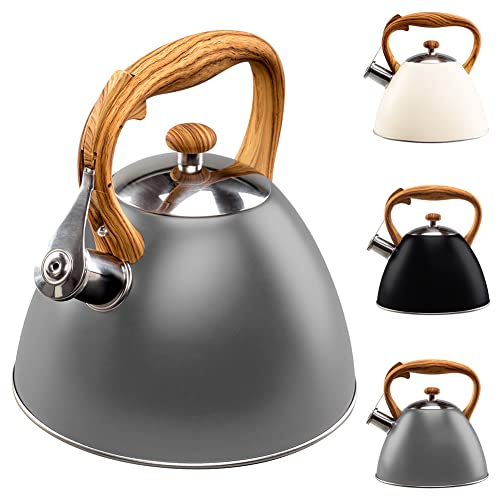 VILDE Hervidor de agua de 3 l, moderno, inducción, apertura automática de silbato, hervidor de silbato para hervir agua, color madera gris Cover