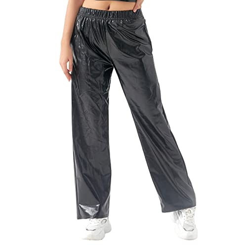 ODIZLI Womens Shiny Metallic High Waist Stretchy Jogger Pants Holographic Hip Hop Club Wear Streetwear