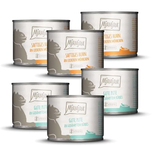 MjAMjAM - Premium Nassfutter für Katzen - Monopaket I - mit Huhn und Pute, 6er Pack (6 x 200 g), getreidefrei mit extra viel Fleisch
