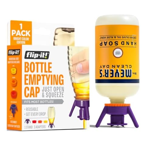 Flip-It! 1-Pack Bottle Emptying Kit – No More Wasted Product - Fits Most Plastic Bottles – Get Out Every Drop of Shampoos, Lotions, & More – 1 Base Cap, 3 Adapters – Bright Color Edition Cover
